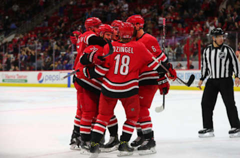 RALEIGH, NC – NOVEMBER 07: Carolina Hurricanes celebrate a goal during the 3rd period of the Carolina Hurricanes game versus the New York Rangers on November 7th, 2019 at PNC Arena in Raleigh, NC (Photo by Jaylynn Nash/Icon Sportswire via Getty Images)