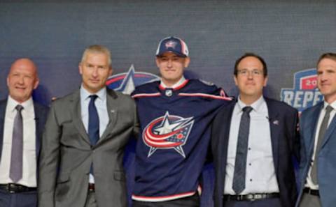 Jul 7, 2022; Montreal, Quebec, CANADA; David Jiricek after being selected as the number six overall pick to the Columbus Blue Jackets in the first round of the 2022 NHL Draft at Bell Centre. Mandatory Credit: Eric Bolte-USA TODAY Sports