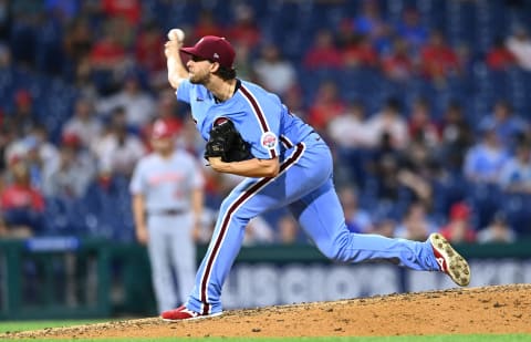 Aug 25, 2022; Philadelphia, Pennsylvania, USA; Philadelphia Phillies pitcher Aaron Nola (27) throws a pitch against the Cincinnati Reds in the ninth inning at Citizens Bank Park. Mandatory Credit: Kyle Ross-USA TODAY Sports