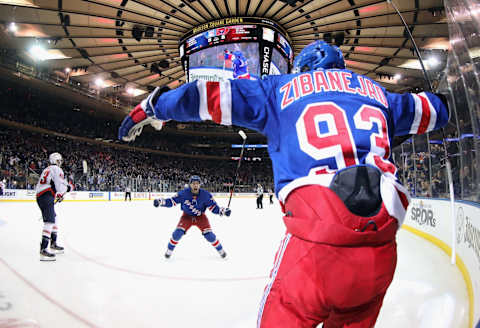 Mika Zibanejad #93 of the New York Rangers . (Photo by Bruce Bennett/Getty Images)