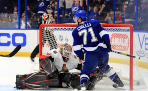 TAMPA, FLORIDA – DECEMBER 17: Anthony Cirelli #71 of the Tampa Bay Lightning scores the game winning goal in overtime on Marcus Hogberg #35 of the Ottawa Senators during a game at Amalie Arena on December 17, 2019 in Tampa, Florida. (Photo by Mike Ehrmann/Getty Images)