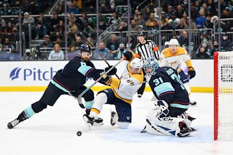 Jan 25, 2022; Seattle, Washington, USA; Seattle Kraken defenseman Adam Larsson (6) . Mandatory Credit: Steven Bisig-USA TODAY Sports