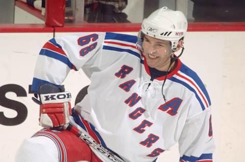 WASHINGTON – DECEMBER 3: Jaromir Jagr #68 of the New York Rangers smiles against the Washington Capitals at MCI Center in Washington D.C. on December 3, 2005. The Capitals won 5-1. (Photo by Mitchell Layton/Getty Images)