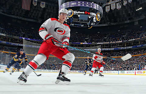 BUFFALO, NY – NOVEMBER 18: Haydn Fleury #4 of the Carolina Hurricanes skates against the Buffalo Sabres during an NHL game on November 18, 2017 at KeyBank Center in Buffalo, New York. (Photo by Bill Wippert/NHLI via Getty Images)