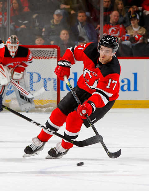 NEWARK, NJ – MARCH 25: Kenny Agostino #17 of the New Jersey Devils in action against the Buffalo Sabres at Prudential Center on March 25, 2019 in Newark, New Jersey. The Devils defeated the Sabres 3-1. (Photo by Jim McIsaac/Getty Images)