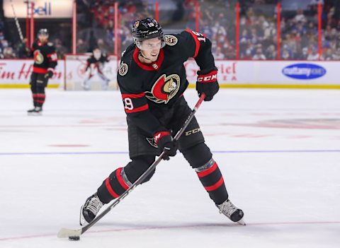 Drake Batherson #19 of the Ottawa Senators (Photo by Chris Tanouye/Getty Images)