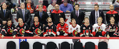 OTTAWA, ON – DECEMBER 29: Members of the Ottawa Senators wearing the team’s various jerseys watch the jersey retirement ceremony of Daniel Alfredsson prior to a game against the Detroit Red Wings at Canadian Tire Centre on December 29, 2016 in Ottawa, Ontario, Canada. (Photo by Jana Chytilova/Freestyle Photography/Getty Images)