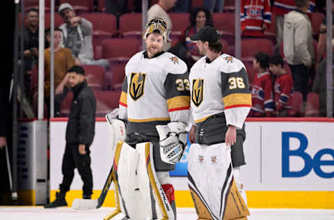 Nov 5, 2022; Montreal, Quebec, CAN; Vegas Golden Knights goalie Adin Hill (33) and teammate goalie Logan Thompson (36) leave the ice after the win against the Montreal Canadiens at the Bell Centre. Mandatory Credit: Eric Bolte-USA TODAY Sports