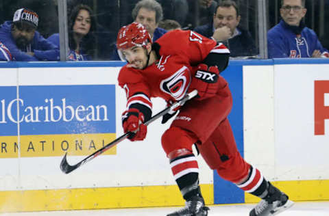 NEW YORK, NEW YORK – FEBRUARY 08: Trevor van Riemsdyk #57 of the Carolina Hurricanes skates against the New York Rangers at Madison Square Garden on February 08, 2019 in New York City. The Hurricanes shut-out the Rangers 3-0. (Photo by Bruce Bennett/Getty Images)