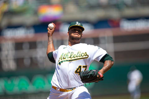 OAKLAND, CA – JUNE 23: Frankie Montas #47 of the Oakland Athletics pitches during the game against the Seattle Mariners at RingCentral Coliseum on June 23, 2022 in Oakland, California. The Mariners defeated the Athletics 2-1. (Photo by Michael Zagaris/Oakland Athletics/Getty Images)