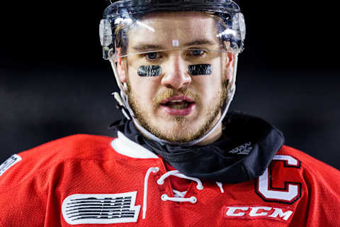 OTTAWA, ON – DECEMBER 17: Ottawa 67’s forward Travis Barron (19) returns to the bench after his shift during Ontario Hockey League Outdoor Game action between the Gatineau Olympiques and Ottawa 67’s on December 17, 2017, at TD Place at Lansdowne Park in Ottawa, ON, Canada. (Photo by Richard A. Whittaker/Icon Sportswire via Getty Images)