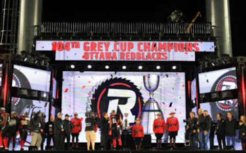 TORONTO, ON – NOVEMBER 27: Brad Sinopoli #88 of the Ottawa Redblacks speaks to the media after winning Canadian of the Game following victory in the 104th Grey Cup Championship Game against the Calgary Stampeders at BMO Field on November 27, 2016 in Toronto, Canada. (Photo by Vaughn Ridley/Getty Images)