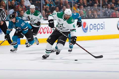 SAN JOSE, CA – APRIL 03: Gemel Smith #46 of the Dallas Stars skates with the puck against the San Jose Sharks at SAP Center on April 3, 2018 in San Jose, California. (Photo by Rocky W. Widner/NHL/Getty Images) *** Local Caption *** Gemel Smith