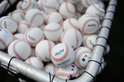 Jul 8, 2016; Boston, MA, USA; Baseballs in a bin for batting practice prior to a game between the Boston Red Sox and Tampa Bay Rays at Fenway Park. Mandatory Credit: Bob DeChiara-USA TODAY Sports