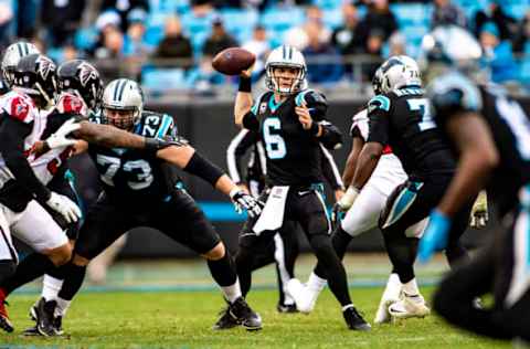 CHARLOTTE, NORTH CAROLINA – DECEMBER 23: Quarterback Taylor Heinicke #6 of the Carolina Panthers passes against the Atlanta Falcons during a NFL game at Bank of America Stadium on December 23, 2018 in Charlotte, North Carolina. (Photo by Ronald C. Modra/Sports Imagery/Getty Images)