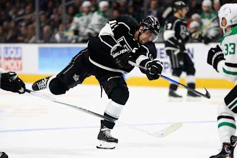 LOS ANGELES, CA – APRIL 07: Anze Kopitar #11 of the Los Angeles Kings shoots the puck during the second period of a game against the Dallas Stars at Staples Center on April 7, 2018 in Los Angeles, California. (Photo by Sean M. Haffey/Getty Images)