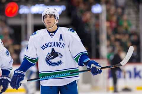 Dec 15, 2015; Saint Paul, MN, USA; Vancouver Canucks forward Alex Burrows (14) in the second period against the Minnesota Wild at Xcel Energy Center. Mandatory Credit: Brad Rempel-USA TODAY Sports