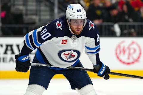 Apr 18, 2023; Las Vegas, Nevada, USA; Winnipeg Jets left wing Pierre-Luc Dubois (80) awaits a face off against the Vegas Golden Knights during the second period of game one of the first round of the 2023 Stanley Cup Playoffs at T-Mobile Arena. Mandatory Credit: Stephen R. Sylvanie-USA TODAY Sports