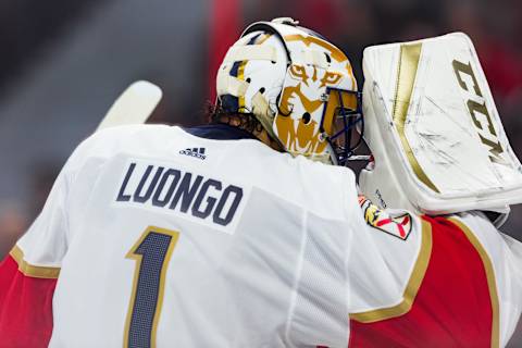 OTTAWA, ON – MARCH 28: Florida Panthers Goalie Roberto Luongo (1) takes a drink during second period National Hockey League action between the Florida Panthers and Ottawa Senators on March 28, 2019, at Canadian Tire Centre in Ottawa, ON, Canada. (Photo by Richard A. Whittaker/Icon Sportswire via Getty Images)