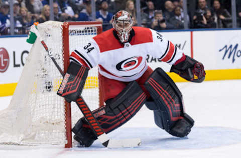 TORONTO, ON – APRIL 02: Carolina Hurricanes Goalie Petr Mrazek (34) tends the net during the second period of the NHL regular season game between the Carolina Hurricanes and the Toronto Maple Leafs on April 2, 2019, at Scotiabank Arena in Toronto, ON, Canada. (Photo by Julian Avram/Icon Sportswire via Getty Images)