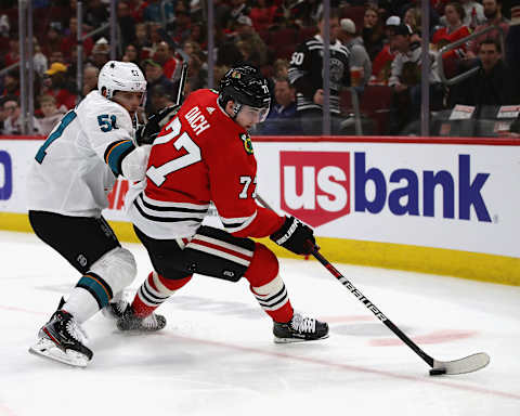 Kirby Dach #77 of the Chicago Blackhawks. (Photo by Jonathan Daniel/Getty Images)