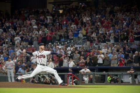 ATLANTA, GA – June 01: Mike Foltynewicz #26 of the Atlanta Braves pitches against the Washington Nationals at SunTrust Park on June 1, 2018, in Atlanta, Georgia. The Braves won 4-0 thanks to his two-hit, complete game shutout. (Photo by Carl Fonticella/Beam Imagination/Atlanta Braves/Getty Images)