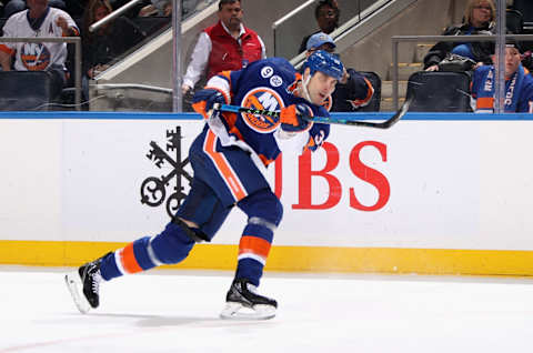 ELMONT, NEW YORK – APRIL 29: Zdeno Chara #33 of the New York Islanders skates against the Tampa Bay Lightning at UBS Arena on April 29, 2022 in Elmont, New York. (Photo by Bruce Bennett/Getty Images)