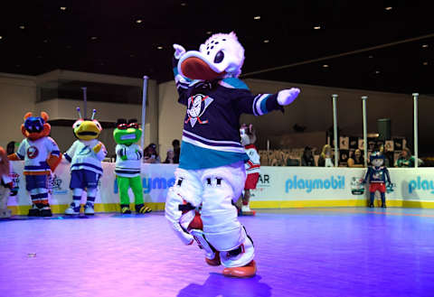 SAN JOSE, CA – JANUARY 25: Wild Wing of the Anaheim Ducks at the 2019 NHL All-Star Fan Fair at the San Jose McEnery Convention Center on January 25, 2019, in San Jose, California. (Photo by Brian Babineau/NHLI via Getty Images)