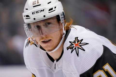 TORONTO, ON – NOVEMBER 7: Vegas Golden Knights center Cody Eakin #21 sets for a face-off against the Toronto Maple Leafs during the first period at the Scotiabank Arena on November 7, 2019 in Toronto, Ontario, Canada. (Photo by Kevin Sousa/NHLI via Getty Images)