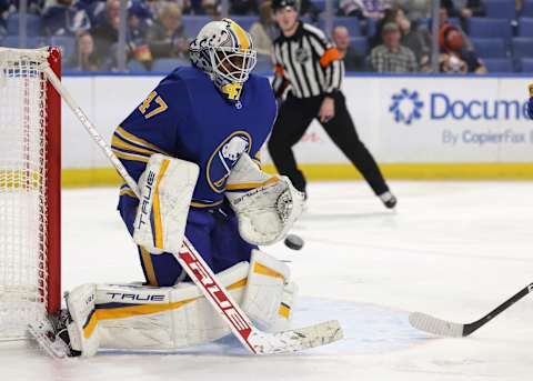 Jan 11, 2022; Buffalo, New York, USA; Buffalo Sabres goaltender Malcolm Subban (47) looks to make a glove save during the third period against the Tampa Bay Lightning at KeyBank Center. Mandatory Credit: Timothy T. Ludwig-USA TODAY Sports