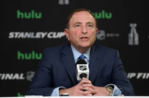 LAS VEGAS, NV: NHL commissioner Gary Bettman speaks to the media prior to Game One of the 2018 NHL Stanley Cup Final between the Vegas Golden Knights and the Washington Capitals May 28, 2018. (Photo by Harry How/Getty Images)