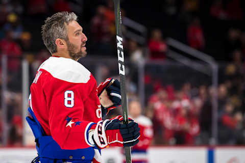 WASHINGTON, DC – FEBRUARY 02: Alex Ovechkin #8 of the Washington Capitals looks on before the game against the Pittsburgh Penguins at Capital One Arena on February 2, 2020 in Washington, DC. (Photo by Scott Taetsch/Getty Images)