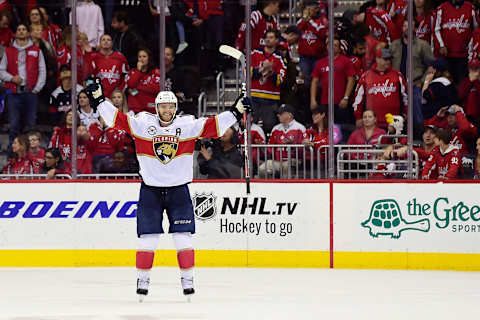 WASHINGTON, DC – OCTOBER 19: Jonathan Huberdeau #11 of the Florida Panthers celebrates after scoring the game winning goal during a shootout against the Washington Capitals at Capital One Arena on October 19, 2018 in Washington, DC. The Panthers defeated the Capitals 6-5. (Photo by Patrick McDermott/NHLI via Getty Images)