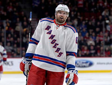 Jan 14, 2017; Montreal, Quebec, CAN; New York Rangers forward Rick Nash (61) reacts after scoring a goal during the second period of the game against the Montreal Canadiens at the Bell Centre. Mandatory Credit: Eric Bolte-USA TODAY Sports