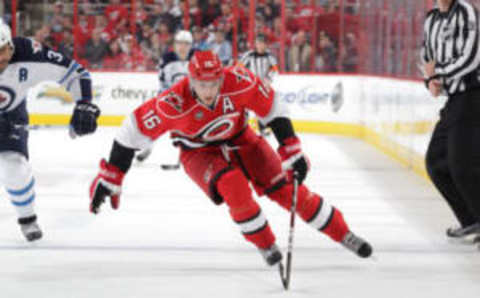 RALEIGH, NC – MARCH 30: Brandon Sutter #16 of the Carolina Hurricanes skates with the puck during an NHL game against the Winnipeg Jets on March 30, 2012 at PNC Arena in Raleigh, North Carolina. (Photo by Gregg Forwerck/NHLI via Getty Images)