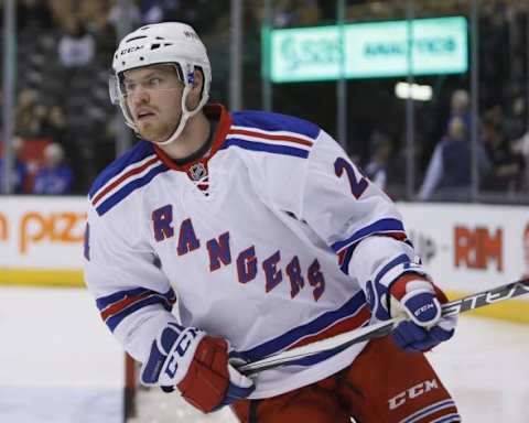 Feb 18, 2016; Toronto, Ontario, CAN; New York Rangers forward Oscar Lindberg (24) during the pre game warm up against the Toronto Maple Leafs at the Air Canada Centre. Mandatory Credit: John E. Sokolowski-USA TODAY Sports