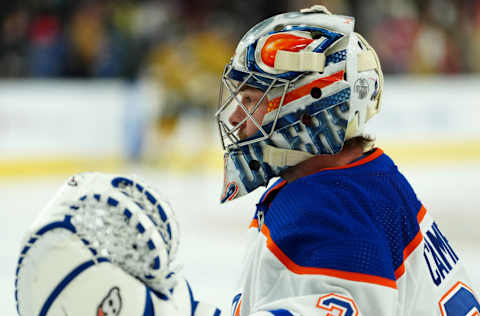 Mar 28, 2023; Las Vegas, Nevada, USA; Edmonton Oilers goaltender Jack Campbell (36) warms up before a game against the Vegas Golden Knights at T-Mobile Arena. Mandatory Credit: Stephen R. Sylvanie-USA TODAY Sports