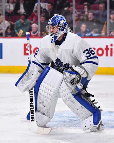 MONTREAL, QC – FEBRUARY 08: Jack Campbell #36 of the Toronto Maple Leafs   (Photo by Minas Panagiotakis/Getty Images)