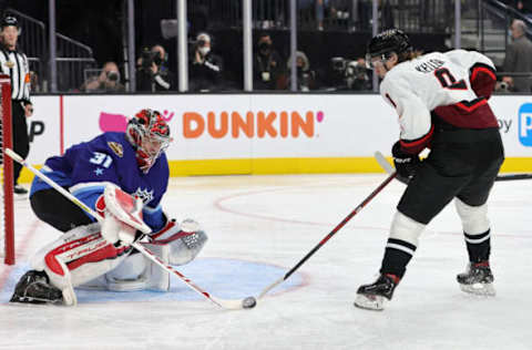 LAS VEGAS, NEVADA – FEBRUARY 05: Frederik Andersen #31 of the Carolina Hurricanes blocks a shot by Clayton Keller #9 of the Arizona Coyotes during the game between the Metropolitan Division and the Central Division during the 2022 Honda NHL All-Star Game at T-Mobile Arena on February 05, 2022, in Las Vegas, Nevada. (Photo by Ethan Miller/Getty Images)