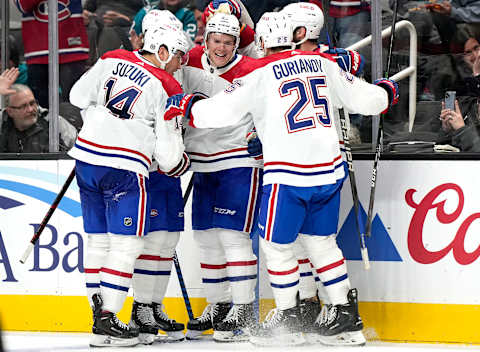 SAN JOSE, CALIFORNIA – FEBRUARY 28: Kaiden Guhle #21 of the Montreal Canadiens is congratulated by teammates after scoring a goal against the San Jose Sharks during the third period at SAP Center on February 28, 2023 in San Jose, California. (Photo by Thearon W. Henderson/Getty Images)