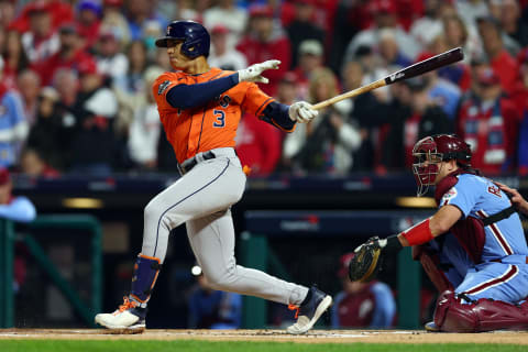 PHILADELPHIA, PENNSYLVANIA – NOVEMBER 03: Jeremy Pena #3 of the Houston Astros hits a RBI single against the Philadelphia Phillies during the first inning in Game Five of the 2022 World Series at Citizens Bank Park on November 03, 2022 in Philadelphia, Pennsylvania. (Photo by Elsa/Getty Images)