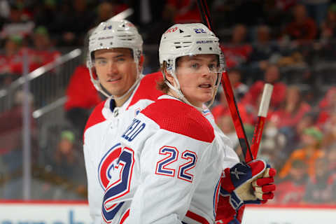 NEWARK, NJ – MARCH 27: Cole Caufield #22 of the Montreal Canadiens and Nick Suzuki. (Photo by Rich Graessle/Getty Images)