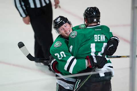 Apr 16, 2016; Dallas, TX, USA; Dallas Stars center Cody Eakin (20) and left wing Jamie Benn (14) celebrate Benn’s game winning goal against the Minnesota Wild in game two of the first round of the 2016 Stanley Cup Playoffs at the American Airlines Center. The Stars defeat the Wild 2-1. Mandatory Credit: Jerome Miron-USA TODAY Sports