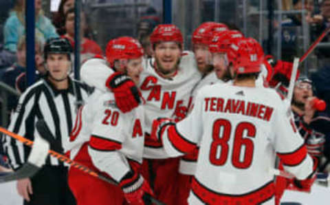 Jan 12, 2023; Columbus, Ohio, USA; Carolina Hurricanes defenseman Brett Pesce (22) celebrates his goal against the Columbus Blue Jackets during the third period at Nationwide Arena. Mandatory Credit: Russell LaBounty-USA TODAY Sports