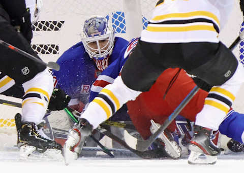 Alexandar Georgiev #40 of the New York Rangers searches for the puck during the second period against the Boston Bruins . Mandatory Credit: Bruce Bennett/Pool Photo-USA TODAY Sports