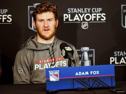 Jun 11, 2022; Tampa, Florida, USA; New York Rangers defenseman Adam Fox (23) speaks at a press conference after losing to the Tampa Bay Lightning in game six of the Eastern Conference Final of the 2022 Stanley Cup Playoffs at Amalie Arena. Mandatory Credit: Nathan Ray Seebeck-USA TODAY Sports