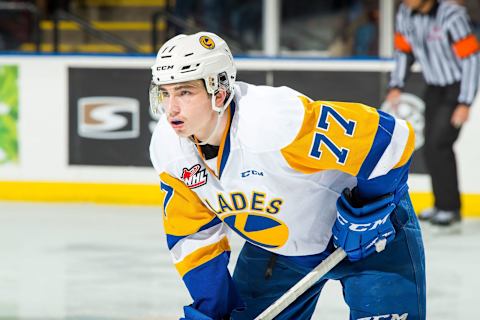 KELOWNA, BC – DECEMBER 01: Kirby Dach #77 of the Saskatoon Blades lines up against the Kelowna Rockets at Prospera Place on December 1, 2018 in Kelowna, Canada. (Photo by Marissa Baecker/Getty Images)