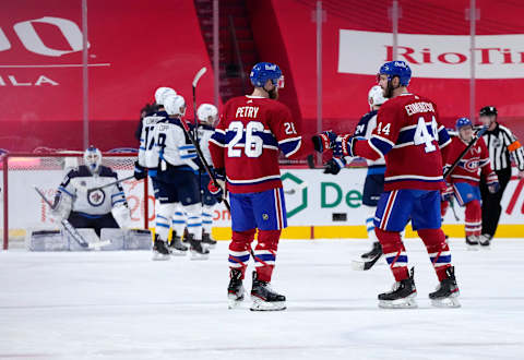 Mar 6, 2021; Montreal, Quebec, CAN; Montreal Canadiens Jeff Petry and Joel Edmundson Mandatory Credit: Eric Bolte-USA TODAY Sports