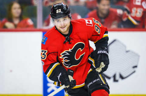 Apr 17, 2017; Calgary, Alberta, CAN; Calgary Flames center Sam Bennett (93) during the warmup period against the Anaheim Ducks in game three of the first round of the 2017 Stanley Cup Playoffs at Scotiabank Saddledome. Mandatory Credit: Sergei Belski-USA TODAY Sports