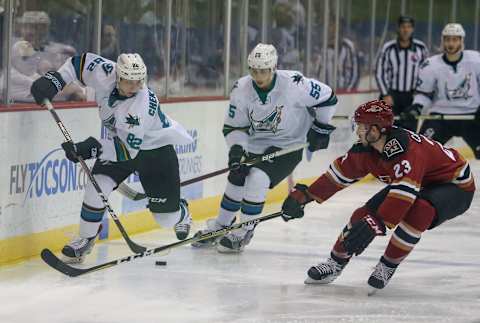 TUCSON, AZ – APRIL 27: San Jose Barracuda left wing Ivan Chekhovich (82) tries to get the puck past Tucson Roadrunners defenseman Kyle Capobianco (23) during a hockey game between the Chicago Wolves and Tuscon Roadrunners on April 27, 2018, at Tucson Convention Center in Tucson, AZ. (Photo by Jacob Snow/Icon Sportswire via Getty Images)